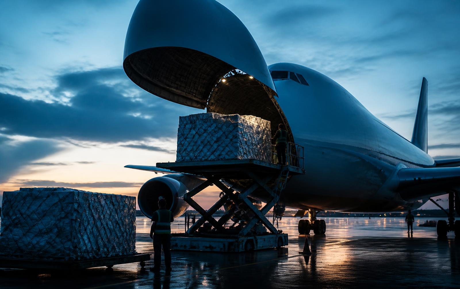 Air freight pallets being loaded into a cargo aircraft at dusk