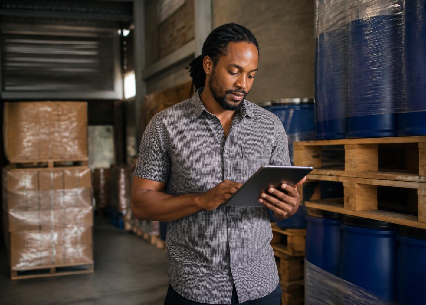 Jamaican business owner reviewing sourced commercial goods beside pallets