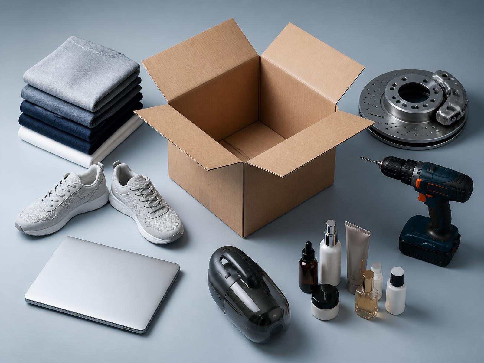 Clothing, electronics, cosmetics, tools and a car part arranged around an open shipping box