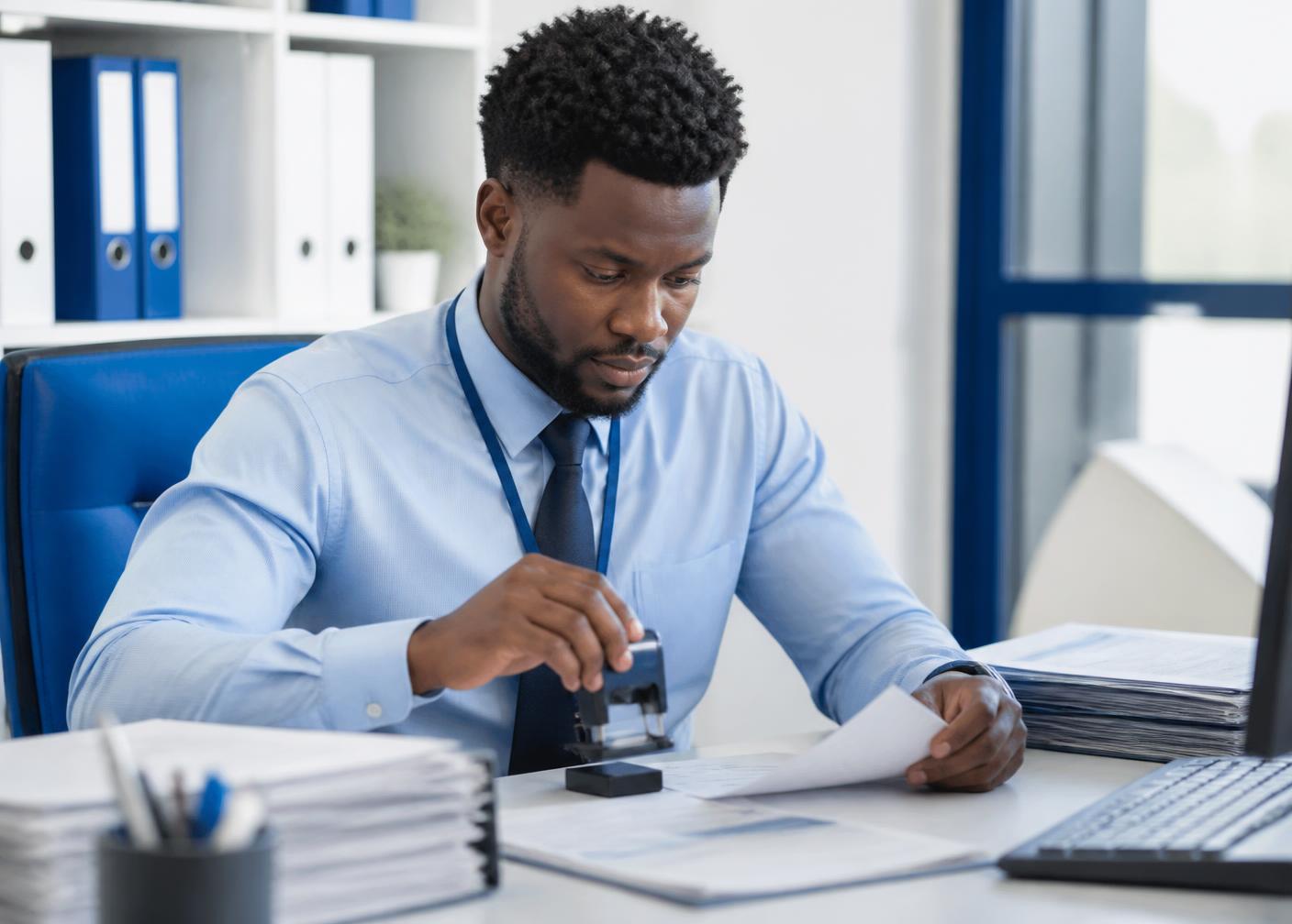 Documentation specialist processing import paperwork at an office desk