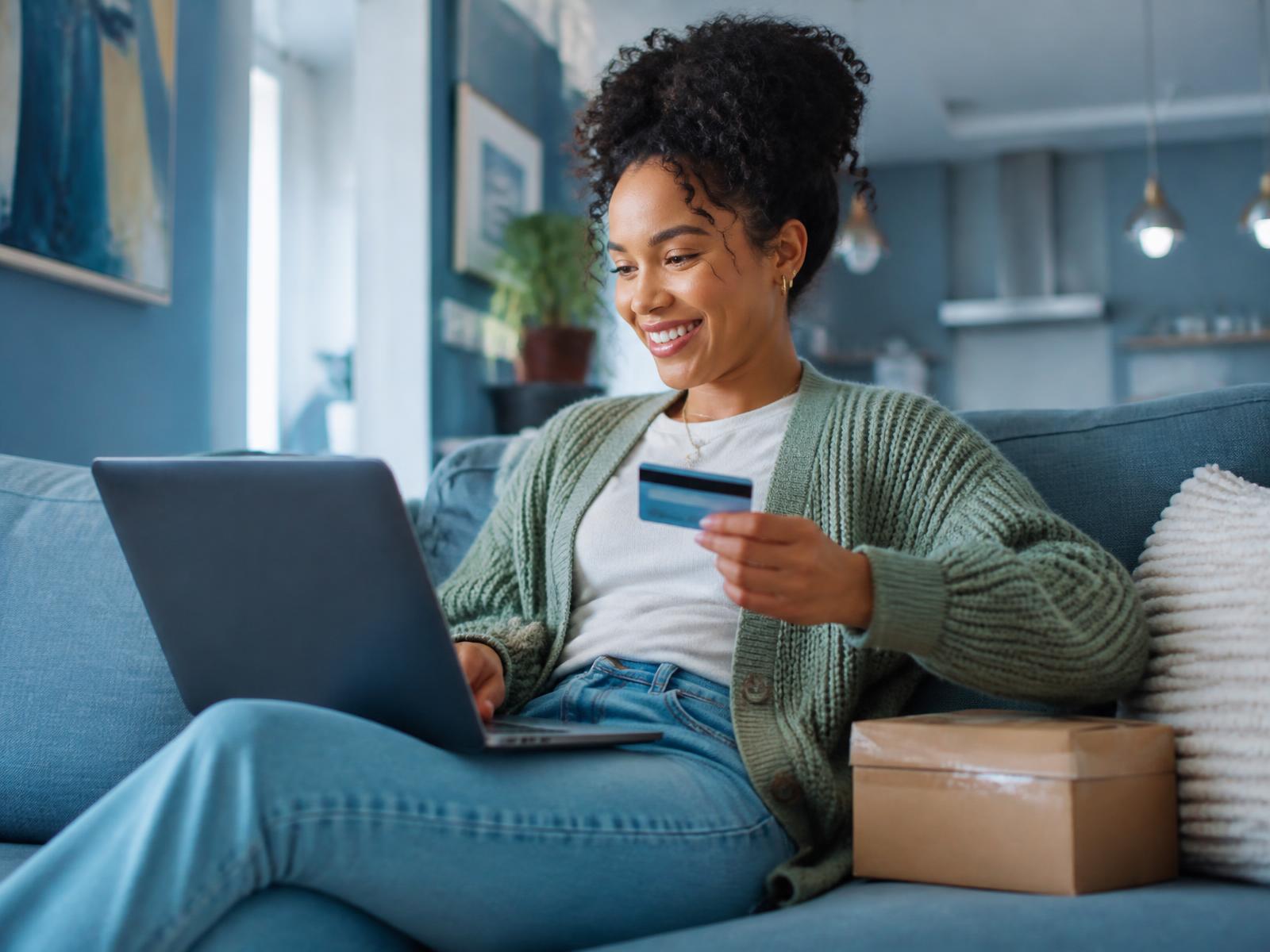 Customer shopping online at home with a delivered parcel beside her