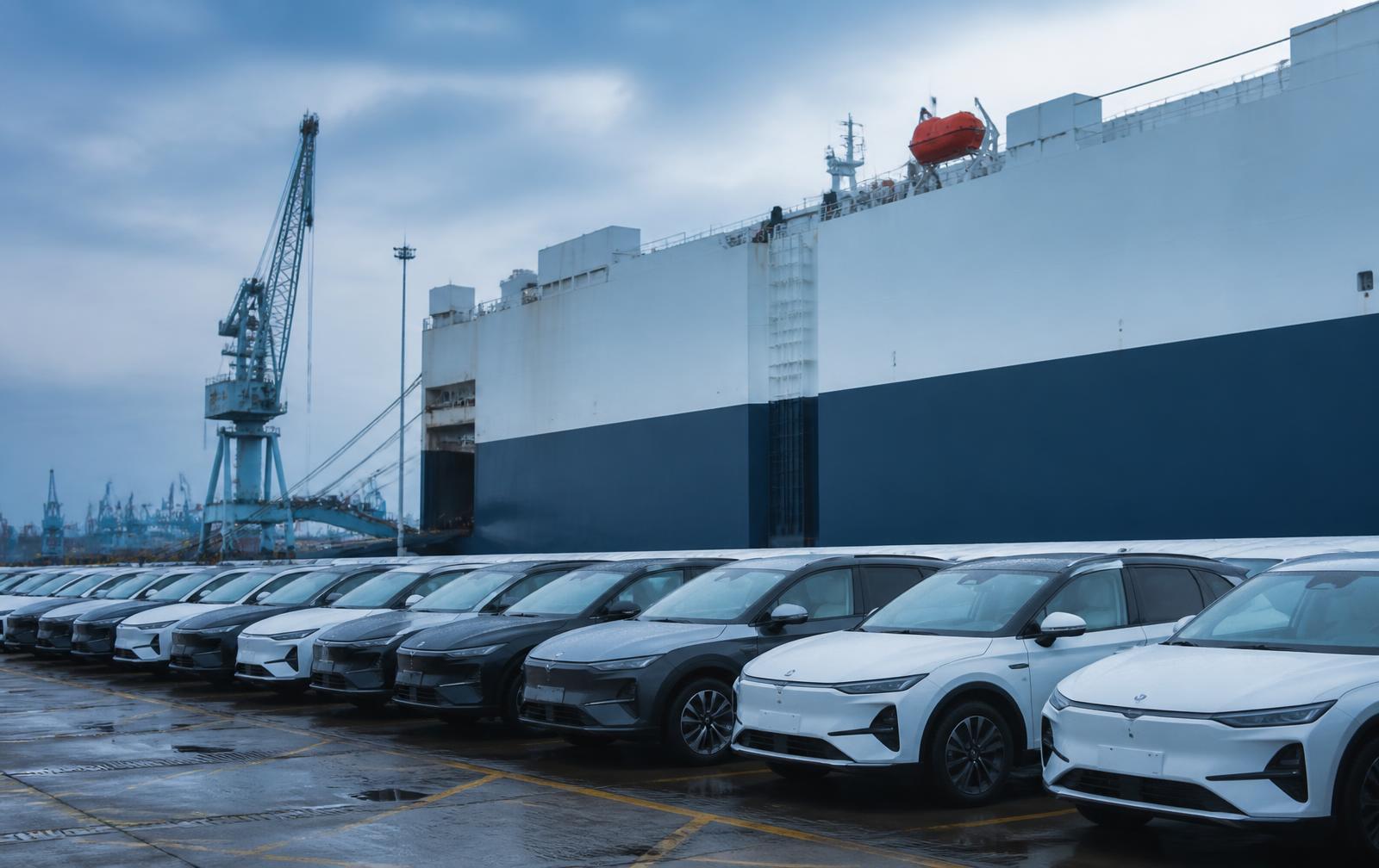 Imported vehicles lined up at a seaport terminal beside a cargo vessel